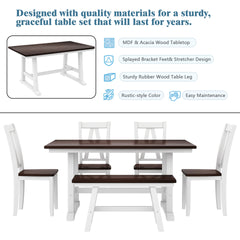 TOPMAX 6-Piece Wood Dining Table Set Kitchen Table Set with Long Bench and 4 Dining Chairs, Farmhouse Style, Espresso+White(old sku:SP000256)