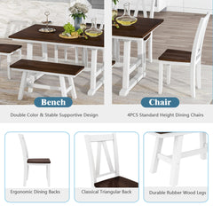 TOPMAX 6-Piece Wood Dining Table Set Kitchen Table Set with Long Bench and 4 Dining Chairs, Farmhouse Style, Espresso+White(old sku:SP000256)