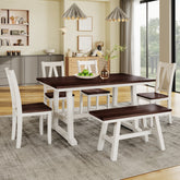 TOPMAX 6-Piece Wood Dining Table Set Kitchen Table Set with Long Bench and 4 Dining Chairs, Farmhouse Style, Espresso+White(old sku:SP000256)
