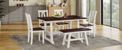 TOPMAX 6-Piece Wood Dining Table Set Kitchen Table Set with Long Bench and 4 Dining Chairs, Farmhouse Style, Espresso+White(old sku:SP000256)