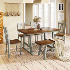 TOPMAX 6-Piece Wood Dining Table Set Kitchen Table Set with Long Bench and 4 Dining Chairs, Farmhouse Style, Walnut+Gray(old sku:SP000256)