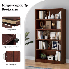5 Shelf Cherry Bookcase 60 inch Tall Wood Bookshelf for Bedroom