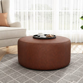 Upholstered Round Ottoman,PU Leather,Brown