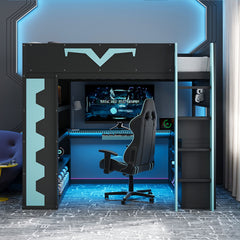 Full Size Gaming Loft Bed with Integrated Desk & RGB LED Lights, Pro-Gamer Bed with Power Outlet, Large Bookshelf, Pegboard, Keyboard Tray & Storage Drawer, 3 Colors Available, Blue