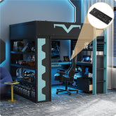 Full Size Gaming Loft Bed with Integrated Desk & RGB LED Lights, Pro-Gamer Bed with Power Outlet, Large Bookshelf, Pegboard, Keyboard Tray & Storage Drawer, 3 Colors Available, Blue