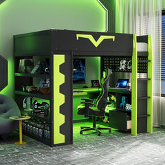 Full Size Gaming Loft Bed with Integrated Desk & RGB LED Lights, Pro-Gamer Bed with Power Outlet, Large Bookshelf, Pegboard, Keyboard Tray & Storage Drawer, 3 Colors Available, Green