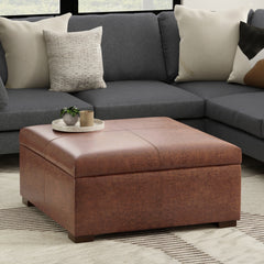 Gabbie 36 inch Wide Square Coffee Table Storage Ottoman in Distressed Saddle Brown Vegan Leather