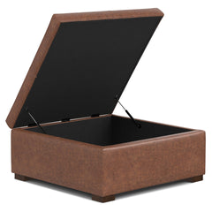 Gabbie 36 inch Wide Square Coffee Table Storage Ottoman in Distressed Saddle Brown Vegan Leather