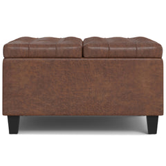 Harrison 30 inch Wide Small Square Coffee Table Storage Ottoman in Distressed Saddle Brown Vegan Leather
