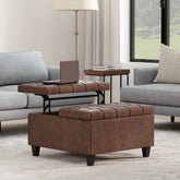 Harrison 30 inch Wide Small Square Coffee Table Storage Ottoman in Distressed Saddle Brown Vegan Leather
