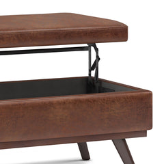 Owen 42 inch Wide Lift Top Large Coffee Table Storage Ottoman in Distressed Saddle Brown Vegan Leather