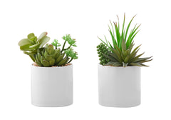 Artificial Plant, 7" Tall, Succulent, Indoor, Faux, Fake, Table, Greenery, Potted, Set Of 2, Decorative, Green Plants, White Ceramic Pots