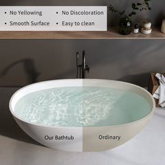 70.8″Solid Surface Matte Tub, Solid Surface Soaking Tub, Stone Resin Freestanding Bathtub, Thick Edge Stand Alone Tubs with Overflow, Pop-up Drain, Matte White (Oval)
