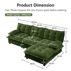 107" L Shaped Modern Sofa Modular Sectional Cloud Couch with Ottoman, 3-Seat Chenille Deep Seat Sofa with Comfy Lattice Decored Seat Cushion, Bedroom and Apartment, Green
