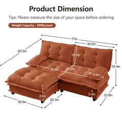 77" L Shaped Modern Sofa Modular Sectional Cloud Couch with Ottoman, 2-Seat Chenille Deep Seat Sofa with Comfy Lattice Decored Seat Cushion, for Living Room, Bedroom and Apartment,Orange