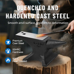 Single Horn Anvil, 110Lbs/50kg Cast Steel Anvil, High Hardness Rugged Round Horn Anvil Blacksmith, Large Countertop and Stable Base, with Round and Square Hole, Metalsmith Tool for Bending and Shaping