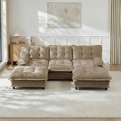 107" U Shaped Modern Sofa Modular Sectional Cloud Couch with 2 Ottomans, 3-Seat Chenille Deep Seat Sofa with Comfy Lattice Decored Seat Cushion, Bedroom and Apartment, Light coffee