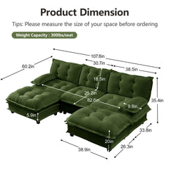 107" U Shaped Modern Sofa Modular Sectional Cloud Couch with 2 Ottomans, 3-Seat Chenille Deep Seat Sofa with Comfy Lattice Decored Seat Cushion, Bedroom and Apartment, Green