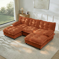 107" U Shaped Modern Sofa Modular Sectional Cloud Couch with 2 Ottomans, 3-Seat Chenille Deep Seat Sofa with Comfy Lattice Decored Seat Cushion, Bedroom and Apartment, Orange
