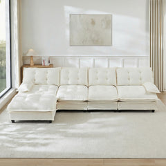 138" L Shaped Modern Sofa Modular Sectional Cloud Couch with Ottoman, 4-Seat Chenille Deep Seat Sofa with Comfy Lattice Decored Seat Cushion, Bedroom and Apartment, Beige