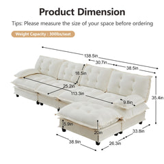 138" L Shaped Modern Sofa Modular Sectional Cloud Couch with Ottoman, 4-Seat Chenille Deep Seat Sofa with Comfy Lattice Decored Seat Cushion, Bedroom and Apartment, Beige