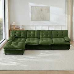 138" L Shaped Modern Sofa Modular Sectional Cloud Couch with Ottoman, 4-Seat Chenille Deep Seat Sofa with Comfy Lattice Decored Seat Cushion, Bedroom and Apartment, Green