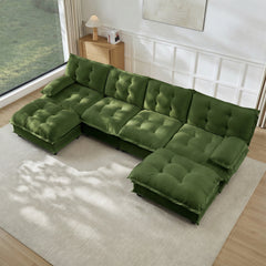 138" U Shaped Modern Sofa Modular Sectional Cloud Couch with 2 Ottomans, 4-Seat Chenille Deep Seat Sofa with Comfy Lattice Decored Seat Cushion, Bedroom and Apartment, Green