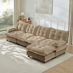 138" L Shaped Modern Sofa Modular Sectional Cloud Couch with Ottoman, 4-Seat Chenille Deep Seat Sofa with Comfy Lattice Decored Seat Cushion, Bedroom and Apartment, Light coffee