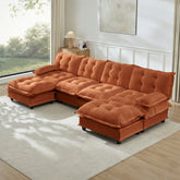 138" U Shaped Modern Sofa Modular Sectional Cloud Couch with 2 Ottomans, 4-Seat Chenille Deep Seat Sofa with Comfy Lattice Decored Seat Cushion, Bedroom and Apartment, Orange