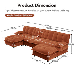 138" U Shaped Modern Sofa Modular Sectional Cloud Couch with 2 Ottomans, 4-Seat Chenille Deep Seat Sofa with Comfy Lattice Decored Seat Cushion, Bedroom and Apartment, Orange
