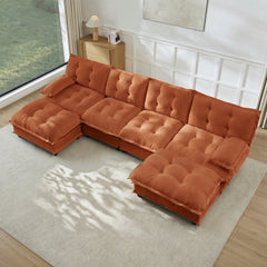 138" U Shaped Modern Sofa Modular Sectional Cloud Couch with 2 Ottomans, 4-Seat Chenille Deep Seat Sofa with Comfy Lattice Decored Seat Cushion, Bedroom and Apartment, Orange