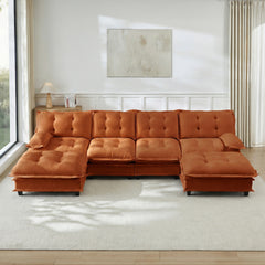 138" U Shaped Modern Sofa Modular Sectional Cloud Couch with 2 Ottomans, 4-Seat Chenille Deep Seat Sofa with Comfy Lattice Decored Seat Cushion, Bedroom and Apartment, Orange