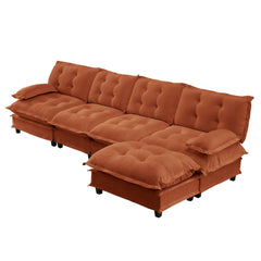 138" L Shaped Modern Sofa Modular Sectional Cloud Couch with Ottoman, 4-Seat Chenille Deep Seat Sofa with Comfy Lattice Decored Seat Cushion, Bedroom and Apartment, Orange