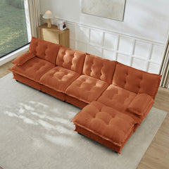 138" L Shaped Modern Sofa Modular Sectional Cloud Couch with Ottoman, 4-Seat Chenille Deep Seat Sofa with Comfy Lattice Decored Seat Cushion, Bedroom and Apartment, Orange