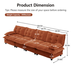 138" 4-Seater Cloud Sofa, Modular Sectional Couch, Modern Deep Seat Sofa for Living Room, Comfy Lattice Decored Seat Cushion, Breathable Chenille Fabric, Orange