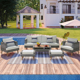 <Old SKU: FG201219AAA> 6-Pieces All Weather PE Wicker Sofa Set, Outdoor Rattan sofa With Double Cushions, Wood Legs Wood Table Top, Beige and Gray