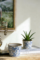 S/2 Blue and White Ceramic Planters with Floral Motif