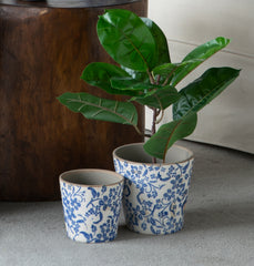S/2 Blue and White Ceramic Planters with Floral Motif