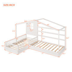 Wood House Bed Twin Size, 2 Twin Solid Bed L structure with fence and slatted frame, White