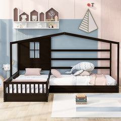 Wood House Bed Twin Size, 2 Twin Solid Bed L structure with fence and slatted frame, Espresso