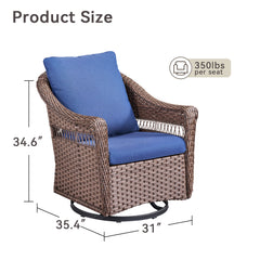 Outdoor Swivel Rocking Wicker Chairs Set of 2, PE Rattan Patio Glider Chairs with Blue Cushions for Porch or Backyard