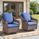 Outdoor Swivel Rocking Wicker Chairs Set of 2, PE Rattan Patio Glider Chairs with Blue Cushions for Porch or Backyard