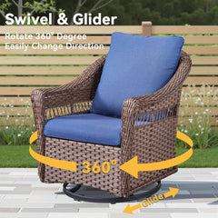 Outdoor Swivel Rocking Wicker Chairs Set of 2, PE Rattan Patio Glider Chairs with Blue Cushions for Porch or Backyard