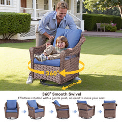 Outdoor Swivel Rocking Wicker Chairs Set of 2, PE Rattan Patio Glider Chairs with Blue Cushions for Porch or Backyard