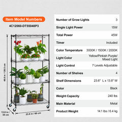 Plant Stand with Grow Light, 4-Tier Plant Shelf with 45W Full Spectrum Grow Light, 3 Mode Plant Light with Timer and Wheel for Seed Starting, Metal Grow Light Shelf for Indoor Plants