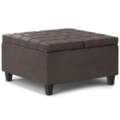 Harrison 30 inch Wide Small Square Coffee Table Storage Ottoman in Distressed Brown Vegan Leather