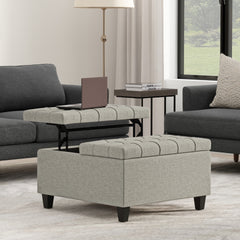 Harrison 30 inch Wide Small Square Coffee Table Storage Ottoman in Cloud Grey Linen Look Fabric