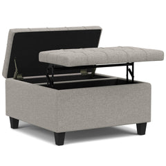 Harrison 30 inch Wide Small Square Coffee Table Storage Ottoman in Cloud Grey Linen Look Fabric