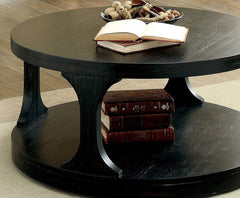 Transitional Style Antique Black Finish Bold Round Structure 1pc Coffee Table With Extra Storage Shelf I Designed Legs End Table-Not Included