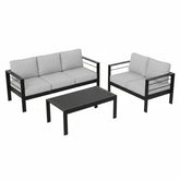 3-Piece Modern Aluminum Patio Conversation Set, 5-Seat Outdoor Sofa with Thick Light Gray Cushions & Black Frame and Coffee Table